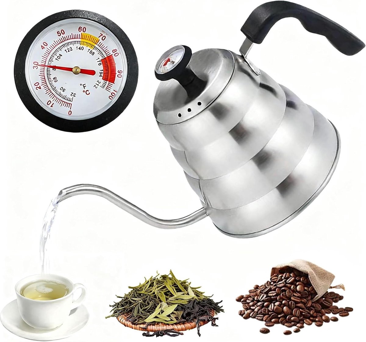 Zwanenhals Waterkoker - Roestvrij Staal - Met Thermometer - Voor Inductie en Gas - Voor Koffie en Thee