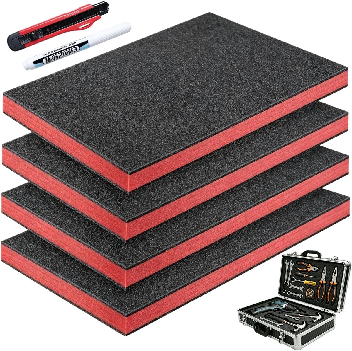 Set van 4 Gereedschapsdozen 40 x 30 x 4 cm Polyethyleenschuim met Snijgereedschap voor Op maat Gemaakt Schuim en Inleg voor Camera Cases