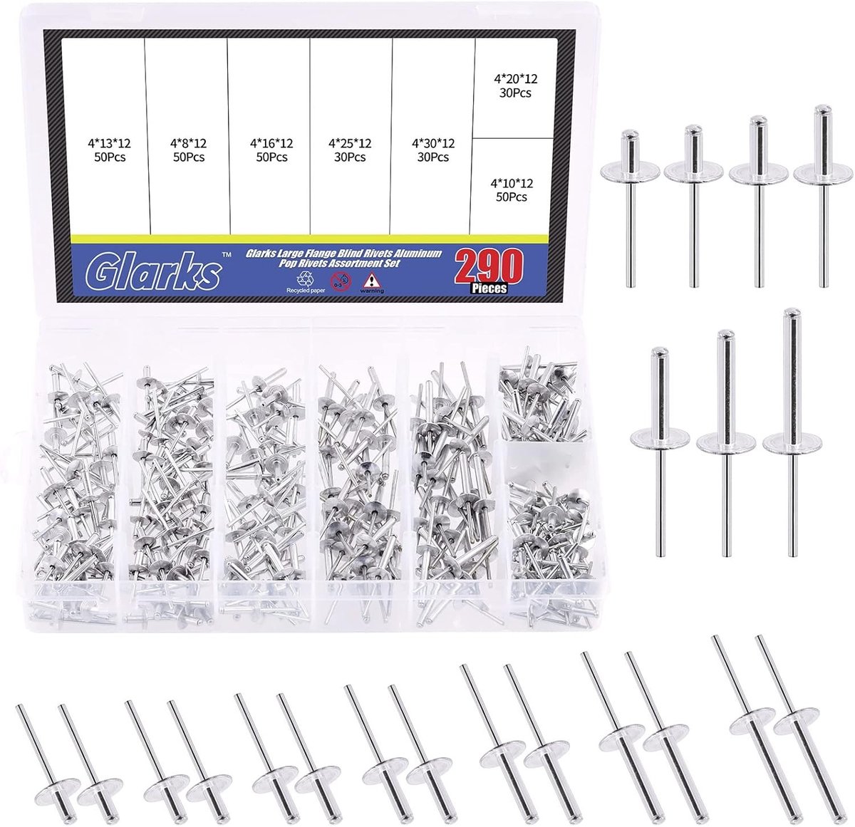 290 Stuks Grote Flens Aluminium Blindklinknagels Assortiment voor Metaalverbindingen en Automobieltoepassingen - Diverse Maten van 5/32" tot 1-3/16