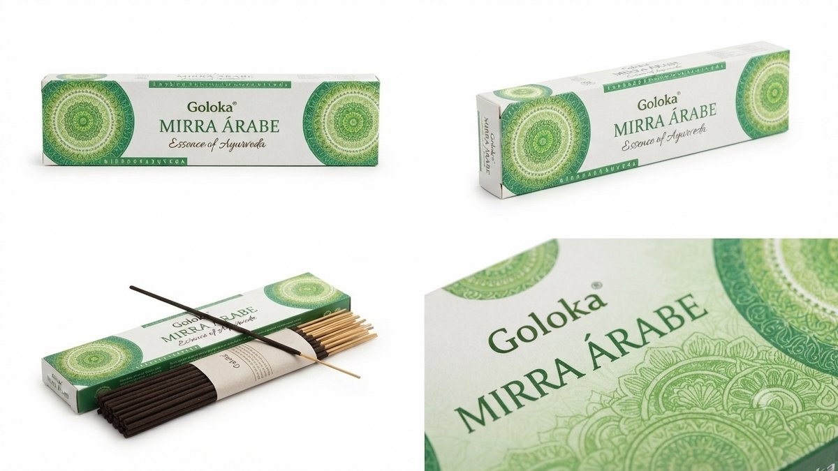 Goloka Mirra Árabe Wierook - Arabische Mirre Wierookstokjes - Essentie van Ayurveda - 1 Pakje Authentieke Indiase Wierook Hoogwaardige Kwaliteit Meditatie Met Kajal Sticker