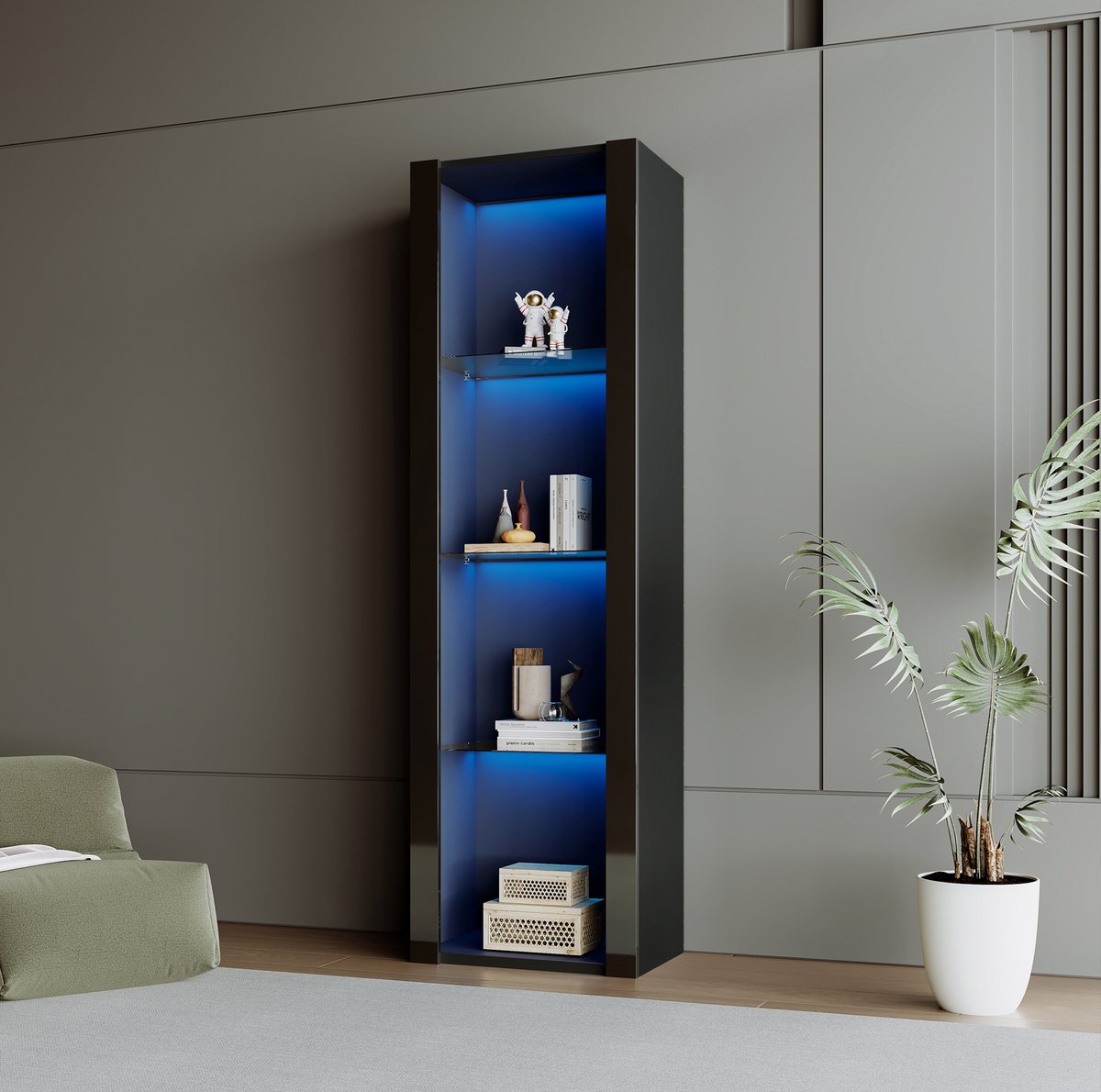 MEUNIQ vitrinekast 55 x 38 x 166 cm met LED-verlichting, 3 glazen planken, hoogglans zwart, staande opbergkast voor woonkamer, slaapkamer of kantoor