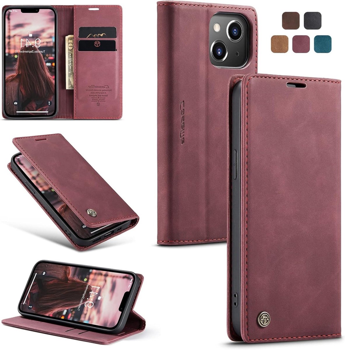 Premium leren flipcase voor iPhone 14 Plus met vintage nubuck, schokbestendig en met kaarthouder, wijnrood