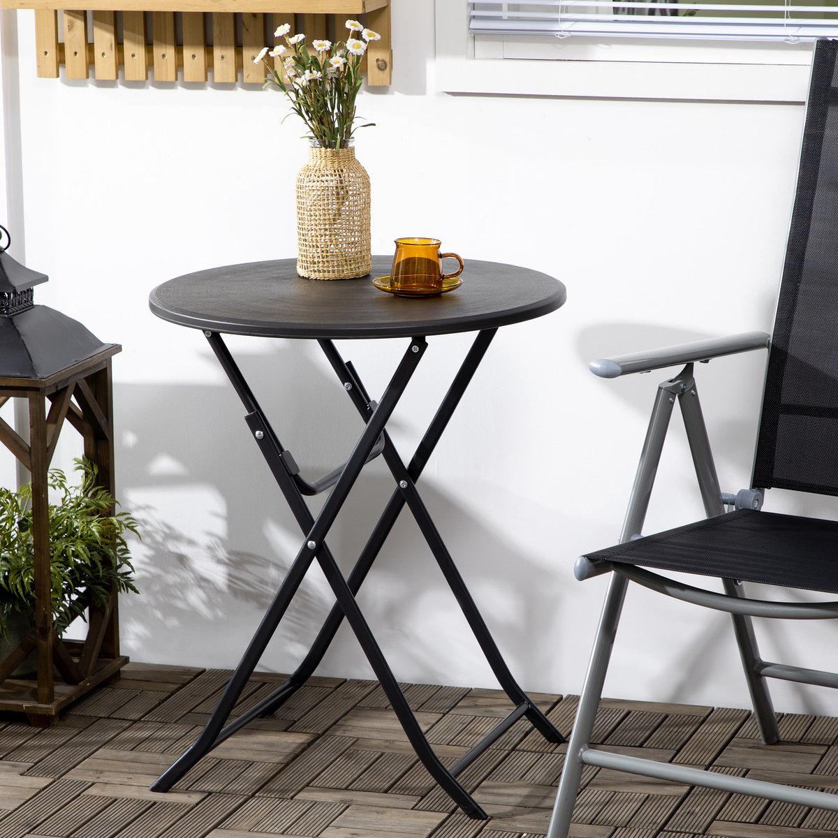 Tuintafel - Opklapbare Ronde Eettafel Met Houtlook Voor Balkon En Terras - HDPE Tafelblad En Stalen Frame - 60 x 73 Cm - Donkergrijs