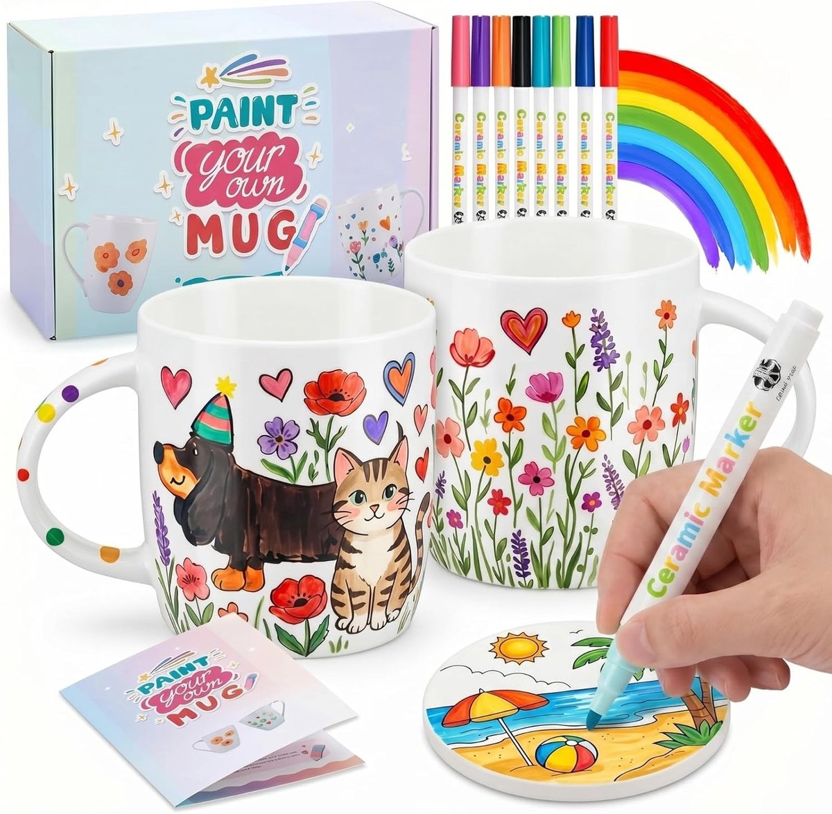 Keramische DIY set voor kerst: 2 witte mokken, 2 blanco onderzetters, 12 porseleinen markers en cadeauverpakking, vaatwasserbestendig