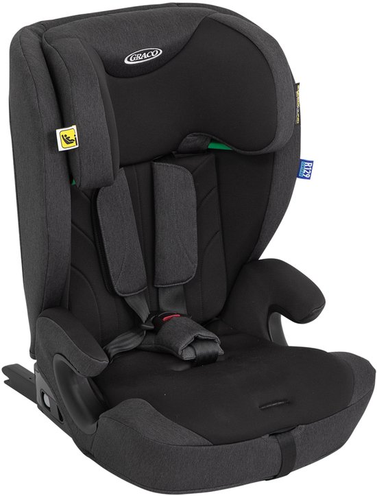 Grijze Graco autostoel met donkergrijs stoelframe, frontaal zicht en geïntegreerde gordels.