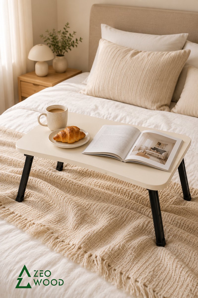 Zeo Wood Bedtafel - Laptoptafel - Bank Tafeltje - Ontbijttafeltje - Opvouwbaar - Wit