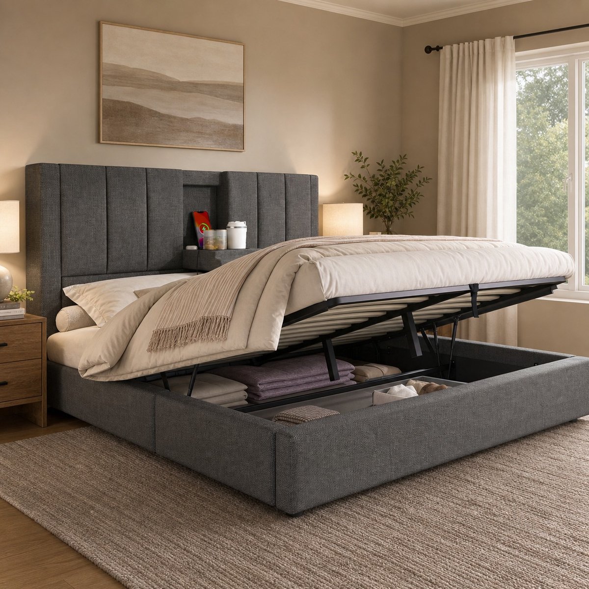 HAUSS SPOLE Gestoffeerd Bed 180x200cm - Hoofdeinde Met Bekerhouder En Oplaadstation - Hydraulisch Opbergvak Onder Bed - Linnen - Grijs - Zonder matras