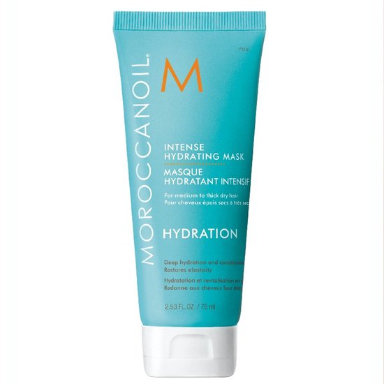 Turquoise Moroccanoil tube met oranje "M" logo. "Intense Hydrating Mask" staat op de tube.