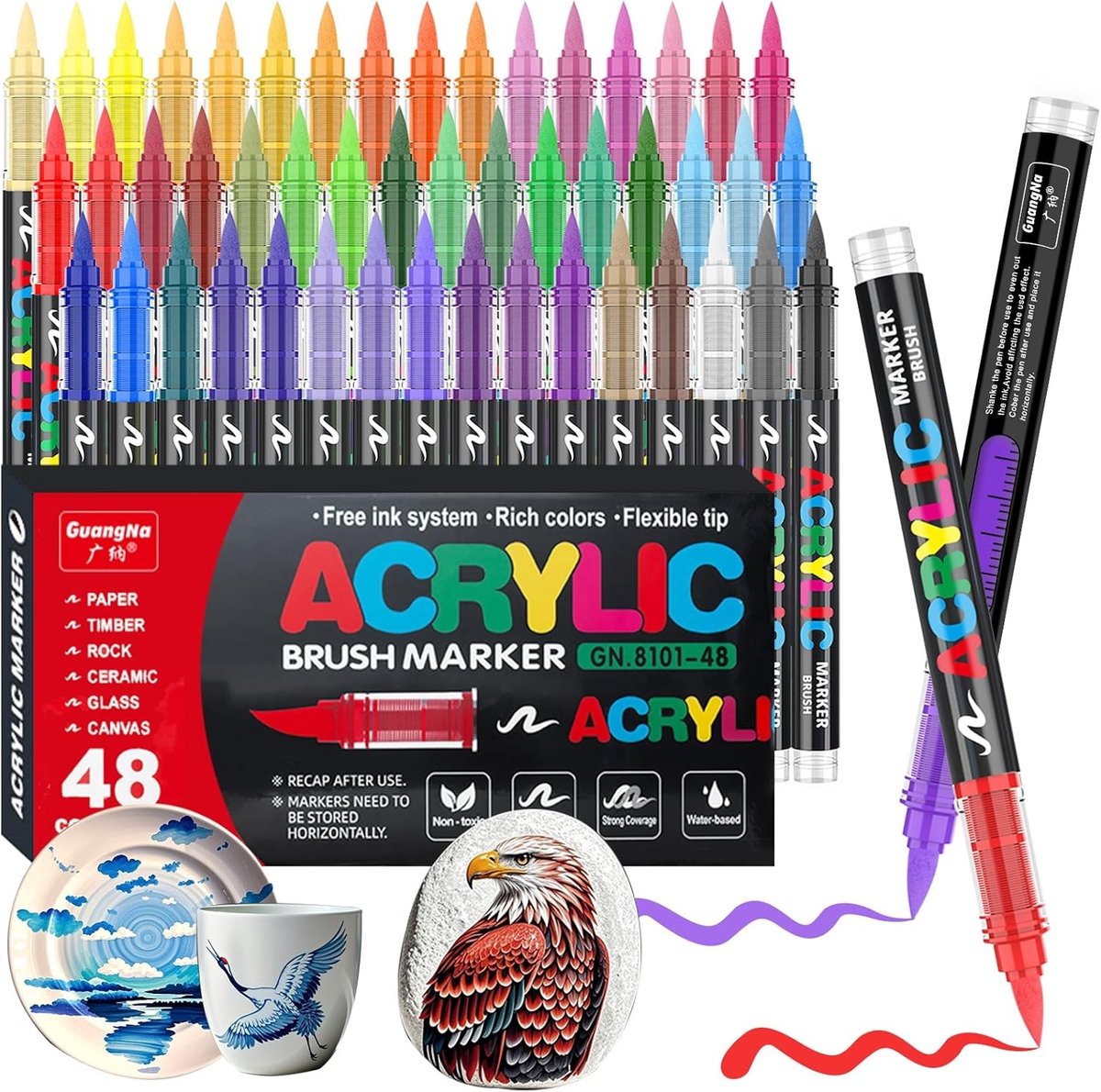 Acrylverfpennen - 48 Kleuren - Flexibele Penseelpunt - Veilig en Niet Giftig - Voor Kunstenaars en Hobbyisten