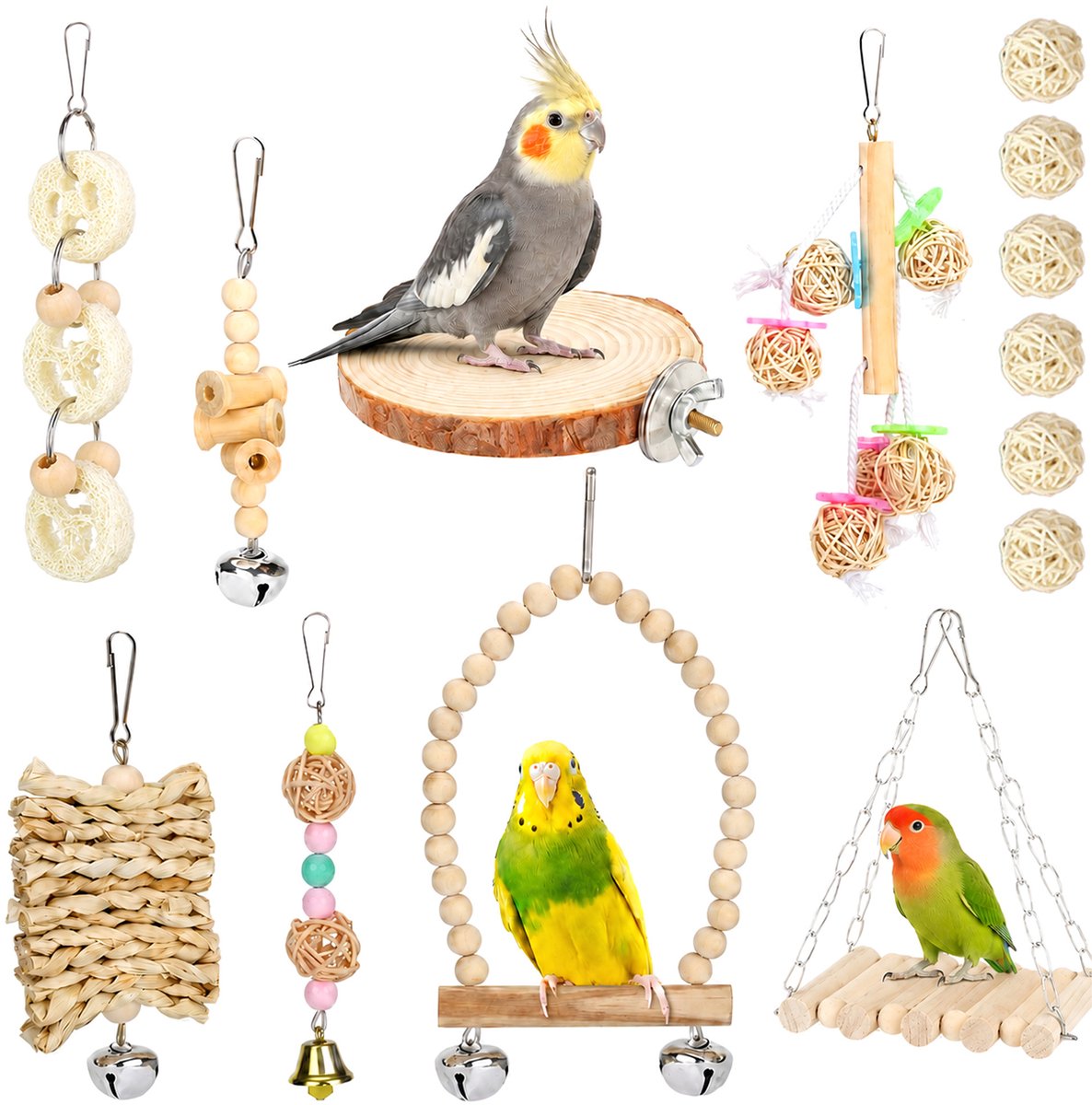 DOWO Vogel Speelgoed Set - 14-delig - Natuurlijk Hout - Stimuleert Klimmen, Knagen en Spelen - Papegaaien Speelgoed - Vogelspeelgoed - Parkieten Speelgoed - Vogelkooi Accessoires