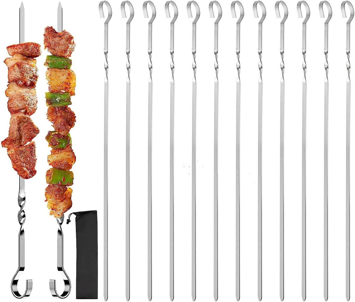 Set van 12 RVS Kebabspiesjes - Herbruikbare Platte Metalen Spiesjes voor Groenten en Vlees op de Barbecue, Perfect voor Grillen en Kamperen