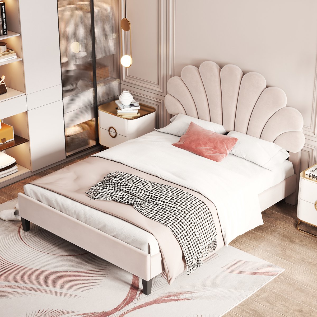 Gestoffeerd bed 140x200 cm - Tweepersoonsbed 140x200 cm - Hoofdbord met Fluwelen stof - Bloemblad-vormig hoofdbord - Houten Lattenbodem - Creëer een Veilige & Stijlvolle Slaapomgeving - Beige