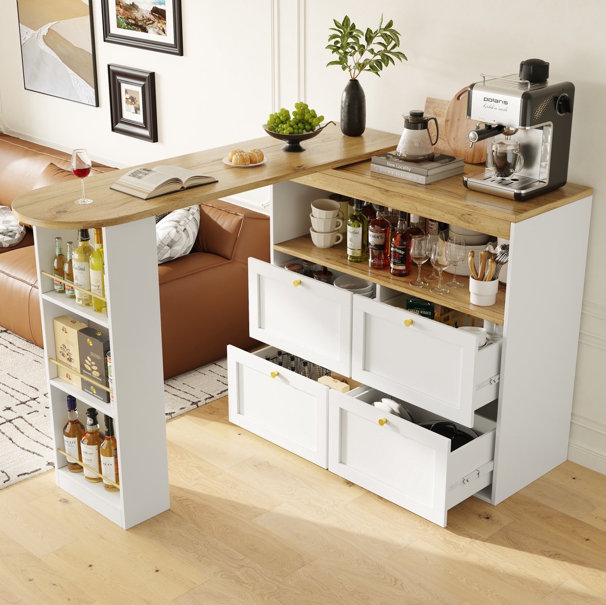 MEUNIQ draaibare kast 105 x 39 x 102 cm met 4 lades en open zijrekken, 360° draaibaar dressoir voor woonkamer, eetkamer of werkkamer, wit