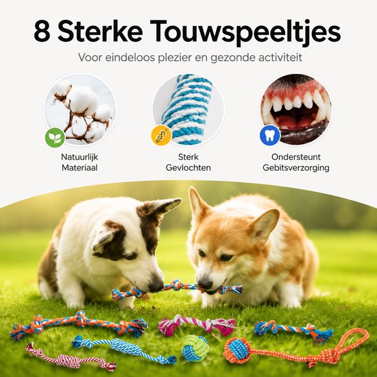 Honden kauwen op touwspeeltjes; afbeeldingen van katoen, touw en gebit.