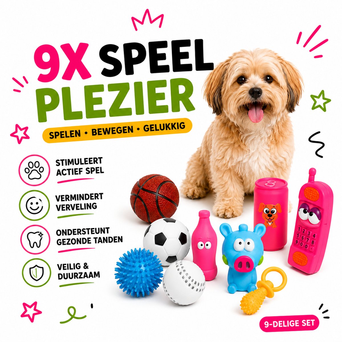 Hondenspeelgoed Set – Bark Buddies – 9-delig – Puppy Speelgoed – Kauw- en Piepspeeltjes thumbnail 3