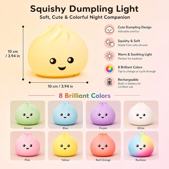 Dumpling Squishy Nachtlampje - Siliconen - Dimbaar Warm Licht - Draadloos - Voor Kinderen — afbeelding 3