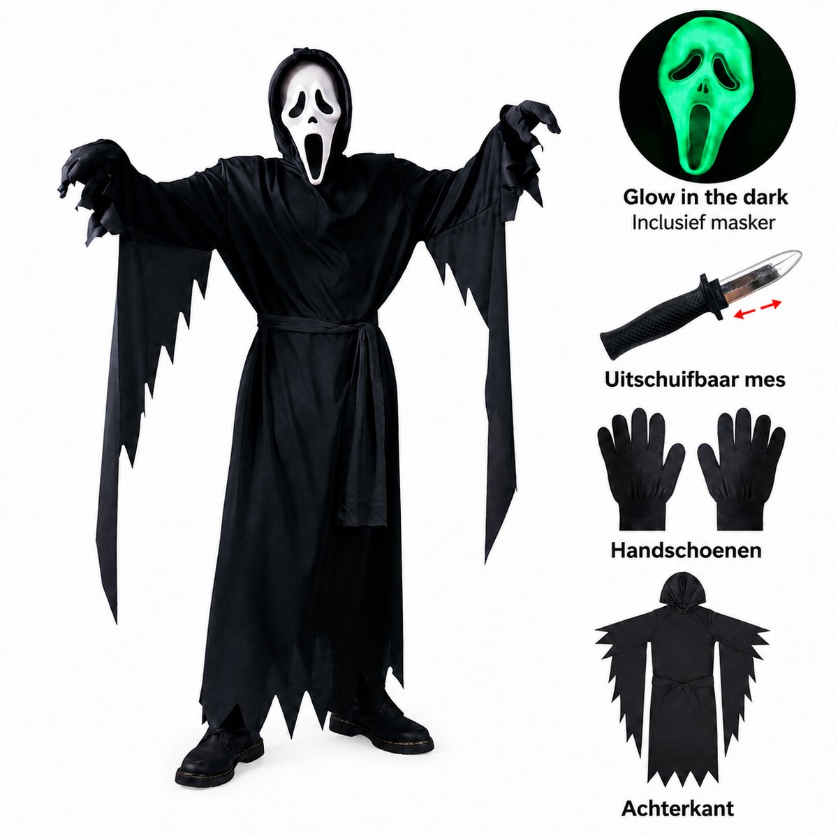 Geweo-Halloween Kostuum-Halloween Decoratie- Volwassene XL-voor Mannen & Vrouwen-Halloween Kostuum voor Volwassenen-Leveren Intrekbare dolk En Handschoenen Glow In The Dark EVA Masker- Zwart