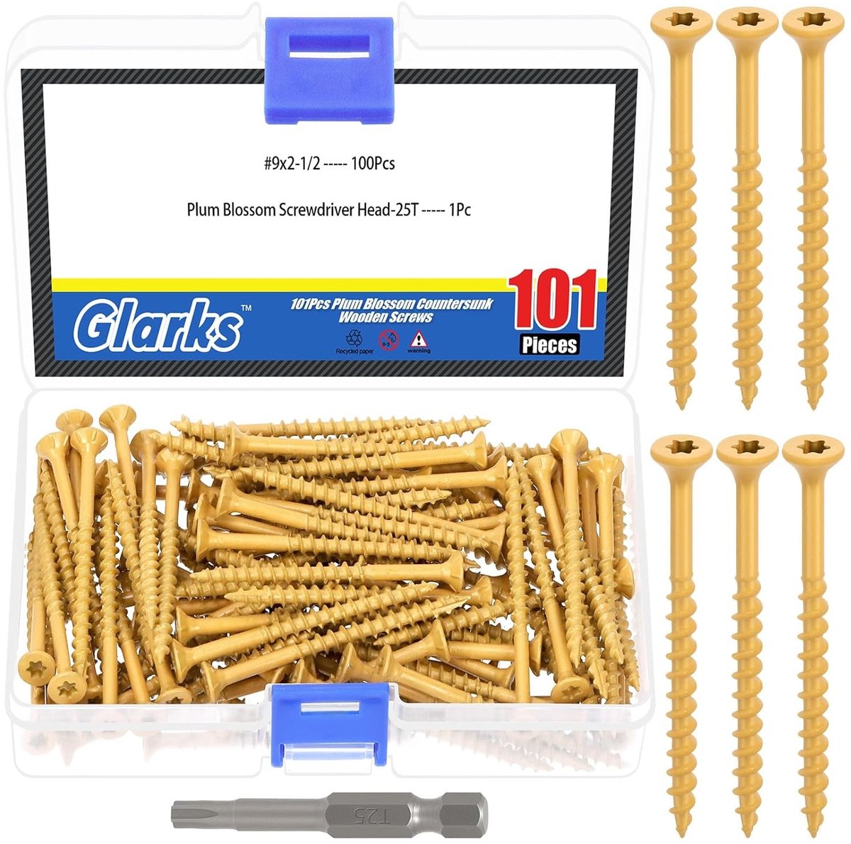 101-delige set 9 x 2 1/2 inch deckschroeven, inclusief 100 platte kop schroeven en T25 Torx boor, ideaal voor houten terrassen en buitenprojecten