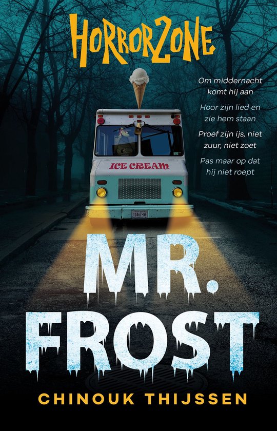 Boekomslag 'Mr. Frost' met ijscowagen en tekst 'Horrorzone'.