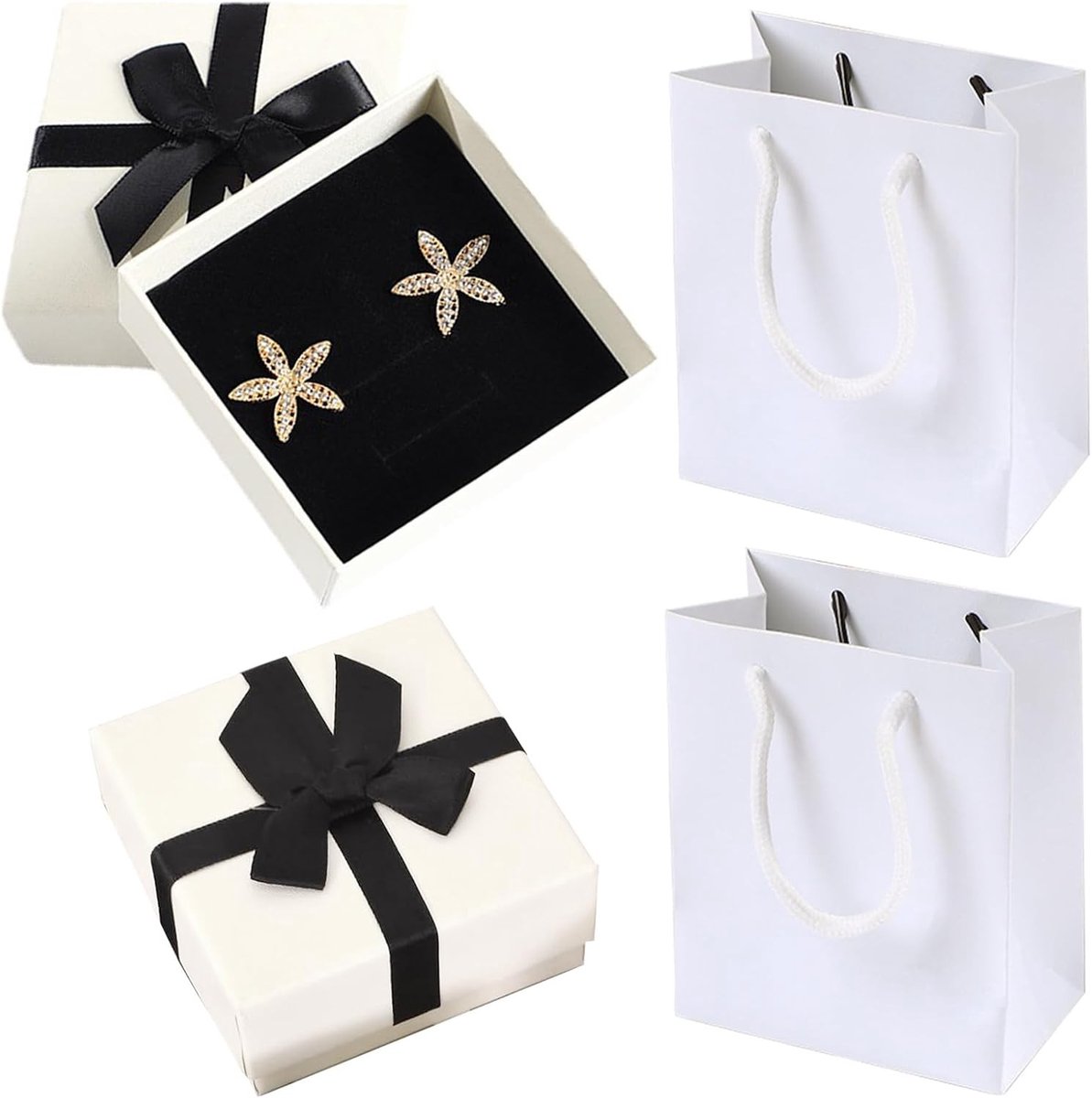 2 Kleine Cadeau Dozen met Strik, 7.5 x 7.5 x 3.5 cm, Inclusief 2 Cadeautassen voor Verjaardag, Kerst en Bruiloft, Wit