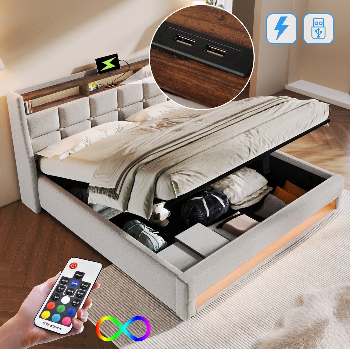 HAUSS SPOLE Gestoffeerd Bed 180x200 cm - Tweepersoonsbed Met USB En LED Verlichting - Met Opbergruimte - Zonder Matras - Stof En Metaal - Beige