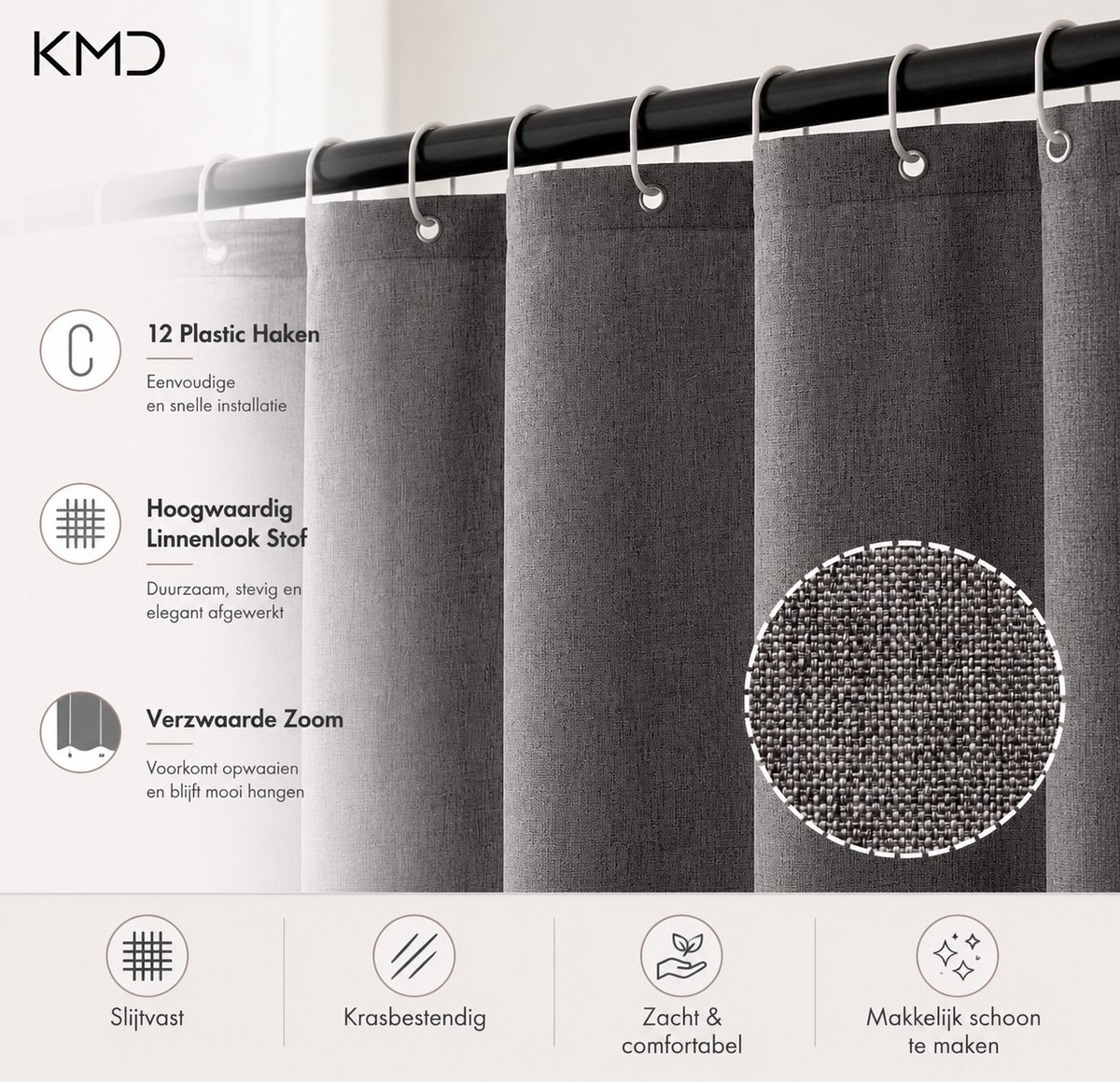 KMD Linnen douchegordijn 180 x 210 cm - Lichtbeige - Waterdicht polyester - Antischimmel - Inclusief 12 haken