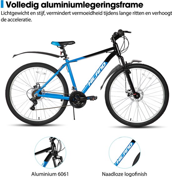 Zwarte en blauwe HILAND mountainbike met aluminium 6061 frame en naadloze logofinish.