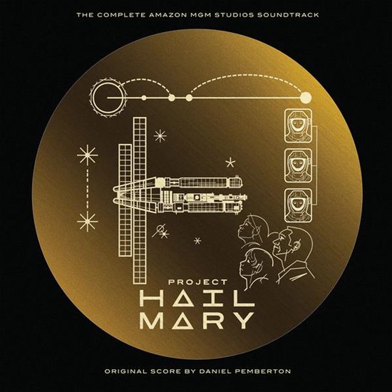 Project Hail Mary soundtrack: ruimteschip, hoofden en 'project Hail Mary' tekst op gouden cirkel.