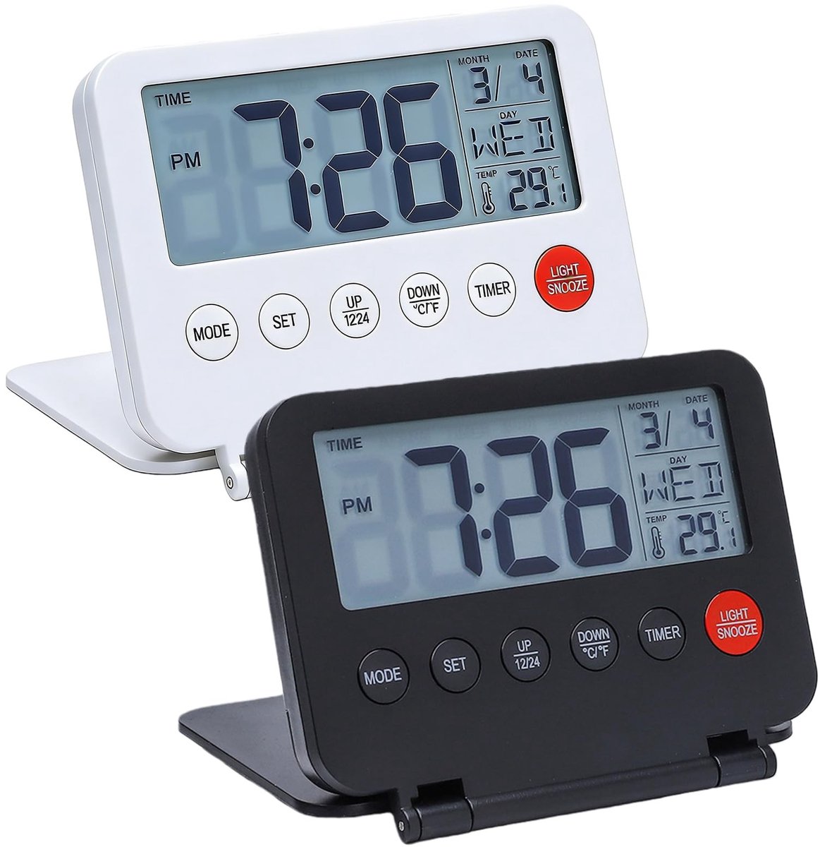 Dailygoods- Reiswekker Compact - LCD Display - Kalender - Temperatuurweergave - Sluimerfunctie - Hoogwaardig ABS-kunststof - Ideaal voor thuis en onderweg - Wekker