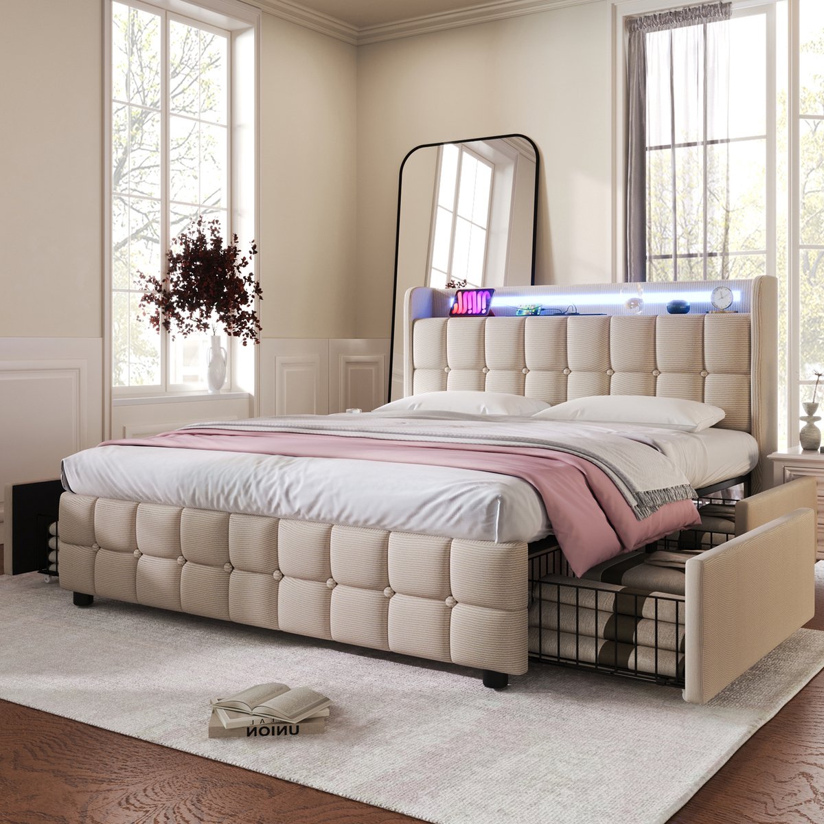 Tweepersoonsbed 180x200 cm - Gestoffeerd bed met USB -oplaadfunctie, hoofdbord, ledverlichting - 4 lades - Bedframe met opbergruimte - lattenbodem van hout - Beige (matras niet inbegrepen)