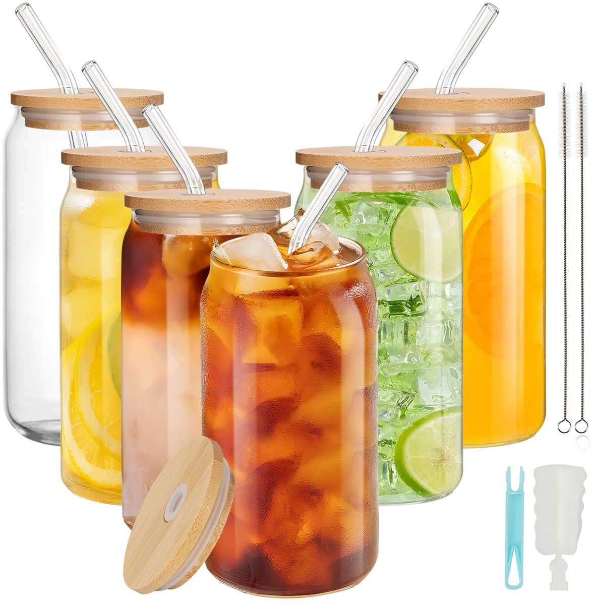 Dailygoods- Bierglazen set van 6 - 473 ml - dikke longdrinkglazen - multifunctionele glazen - vaatwasmachinebestendig - met rietjes en bamboedeksels - Drinkglazen
