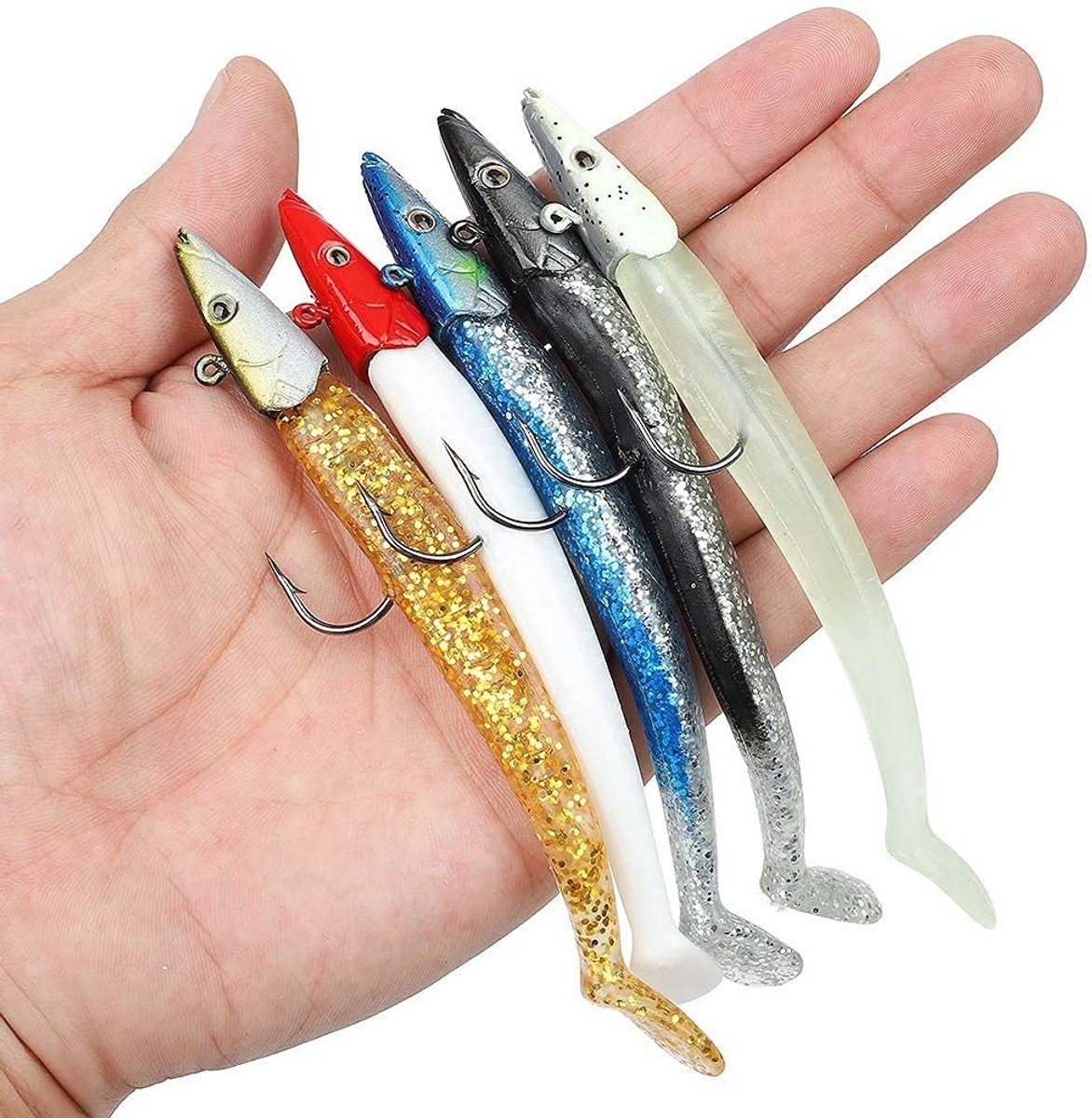 Dailygoods- Zeevishaak - Zacht Kunstaas Set - 10 Stuks Garnalenvisaas - 5 Kleuren - Duurzaam Siliconenmateriaal - Inclusief Doos