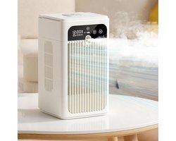 Bureauventilator – Oplaadbare, draagbare luchtkoeler & vernevelende luchtbevochtiger met tijdweergave | ABS, 500 ml, twee standen; geschikt voor thuis (slaapkamer, keuken, kantoor), kamperen en picknicks; stille werking, verkoeling de hele dag door