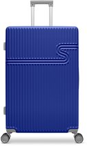 Blauwe koffer met wielen en handvat