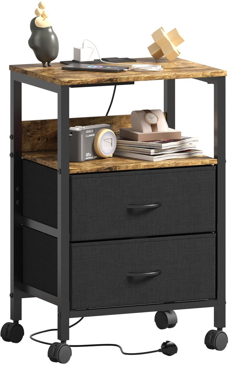 Dailygoods - Nachtkastje - Oplaadstation - 4 Wielen - Rustiek Bruin - Bijzettafel - Geschikt voor Slaapkamer en Woonkamer