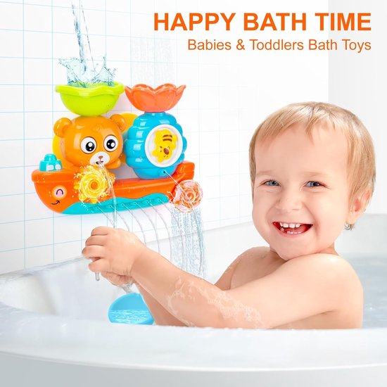 COOAU - Beer Bij Boot Waterval Bad Speelgoed voor Peuters - Zuignap Wandmontage Badkuip Waterspeelgoed met Wateruitloop & Roterend Wiel - Interactieve Sprinkler Douche Zintuiglijk Speelgoed Cadeau voor Baby Jongens Meisjes 1-6 Jaar van Cooau — afbeelding 2