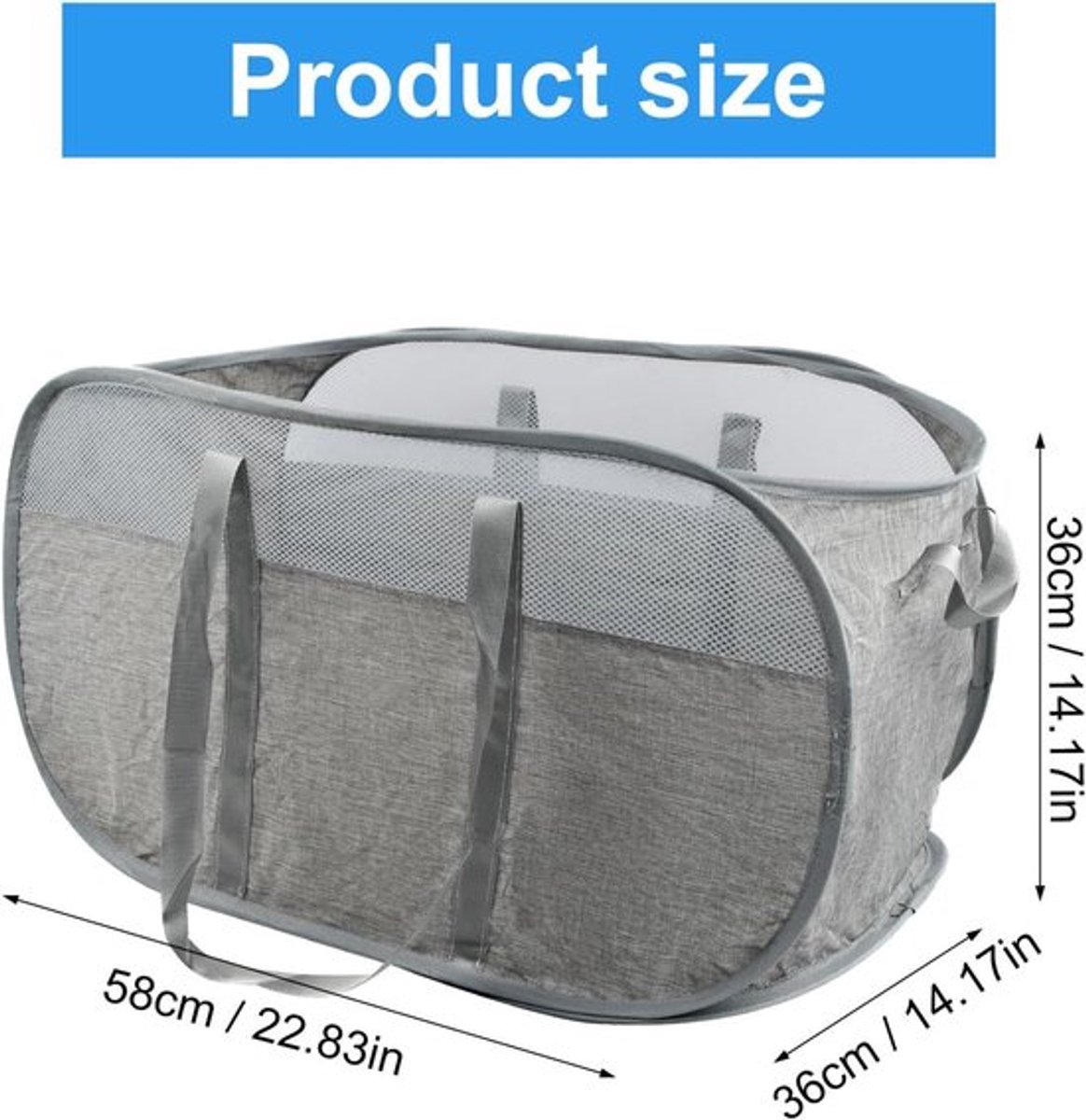 Opvouwbare wasmand van mesh met handvat - 36 x 36 x 58 cm - badkamer slaapkamer reizen - zwart.