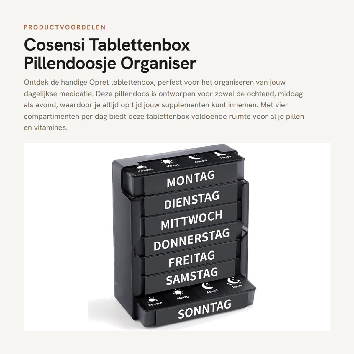 Dailygoods- Tablettenbox 7 Dagen - Pillendoosje 4 Vakken - Medicijnbox - Organizer - Schuifbaar Ontwerp - Geschikt voor Reuma