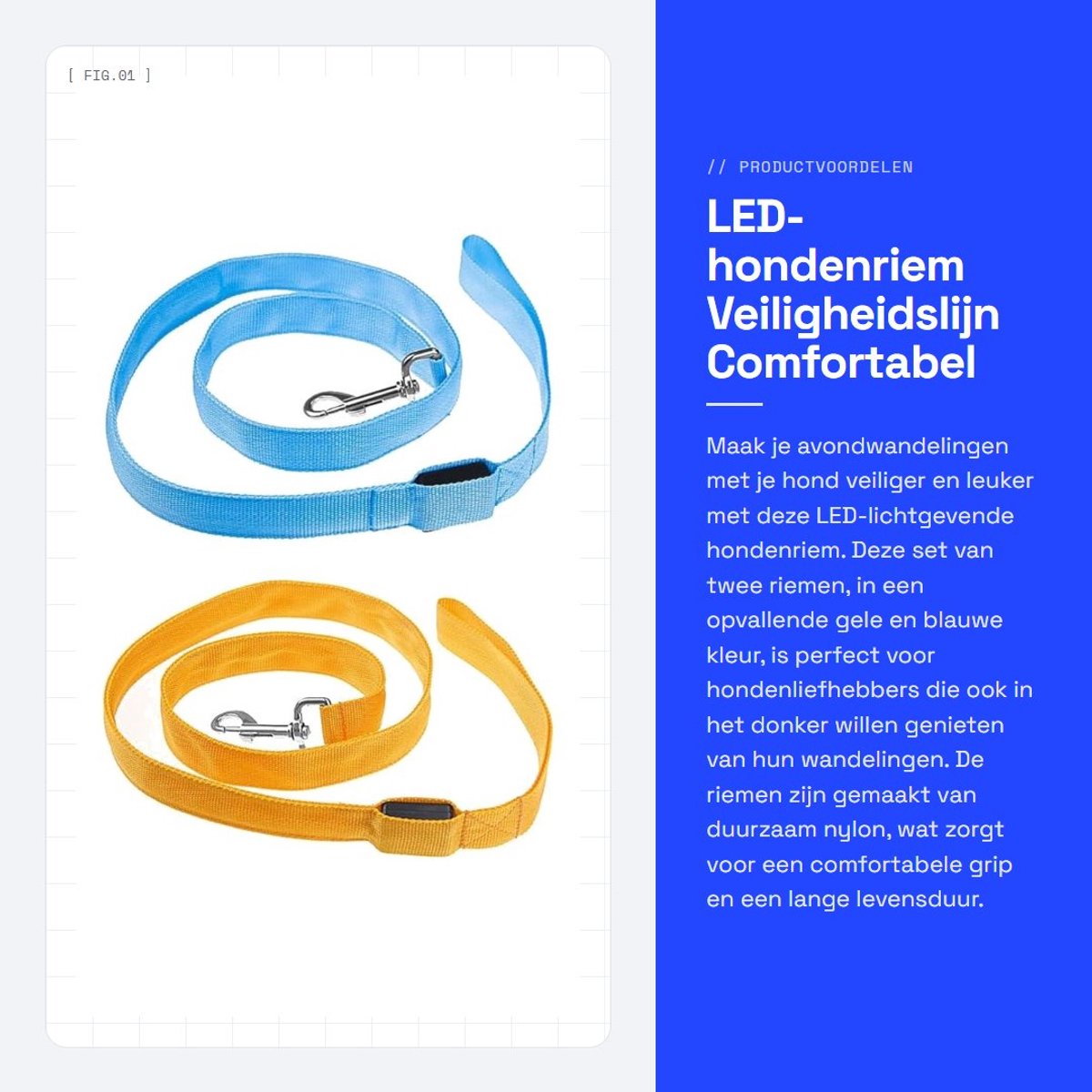 Dailygoods - LED-hondenriem - Veiligheidslijn - Comfortabel nylon - Geel en blauw - Lichtgevende hondenriem - Geschikt voor honden - 2 stuks