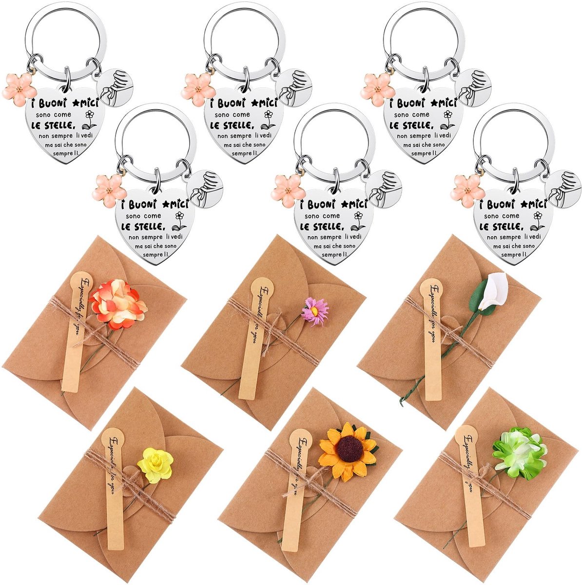Dailygoods- Cadeauset Vriendschap - 6 Sleutelhangers - Enveloppen met Gedroogde Bloemen - 