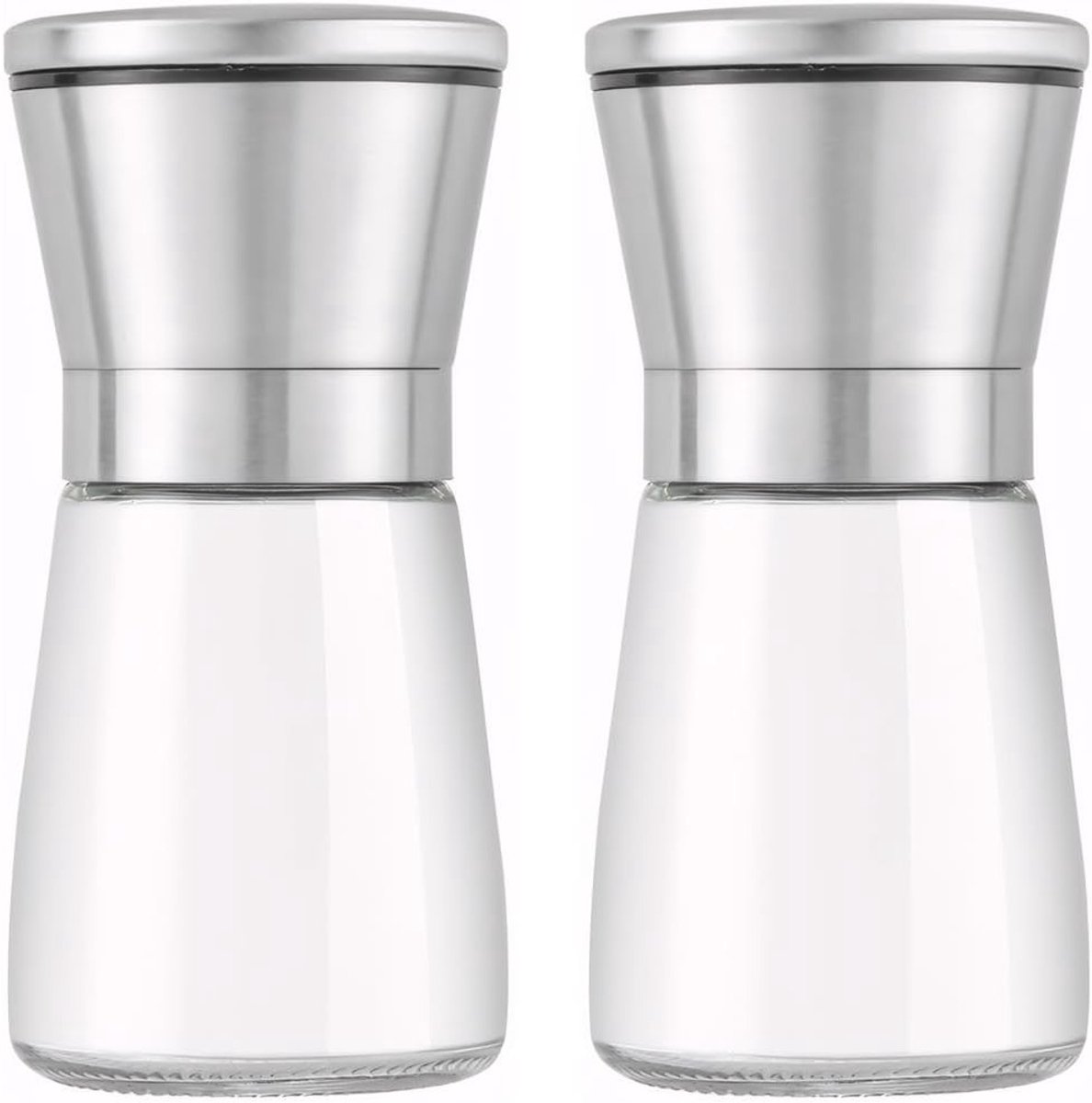 Set van 2 Peper- en Zoutmolens van Hoogwaardige Glas en RVS met Handmatige Verstelbare Keramische Maalmechanisme voor Specerijen en Kruiden (180 ml)