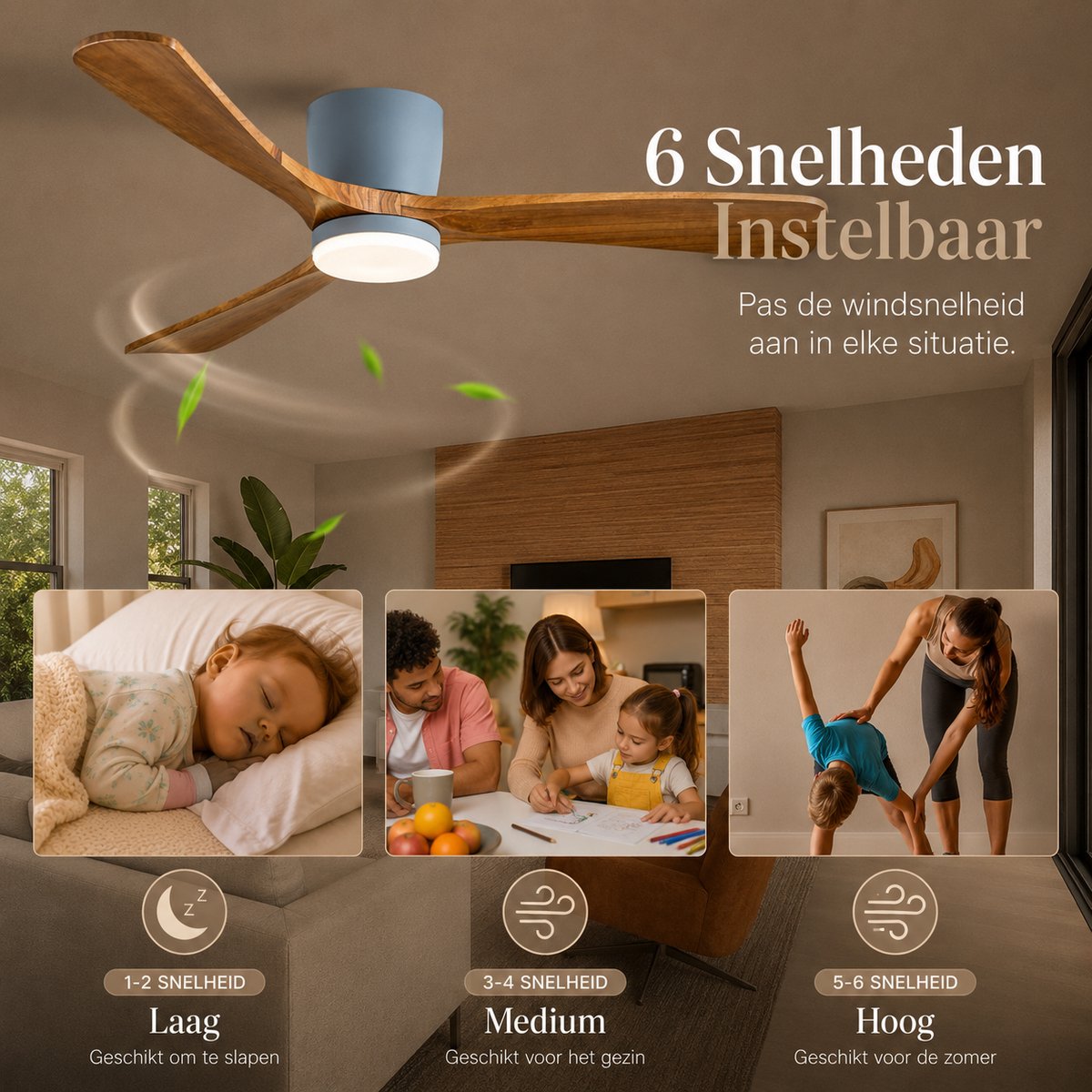 Smart Plafondventilator met Verlichting - Grijs + Hout - Ø 132 cm - Stille Motor <25dB - Handige App - Dimfunctie - Plafond Ventilator met Verlichting - Plafondlamp met Ventilator thumbnail 5