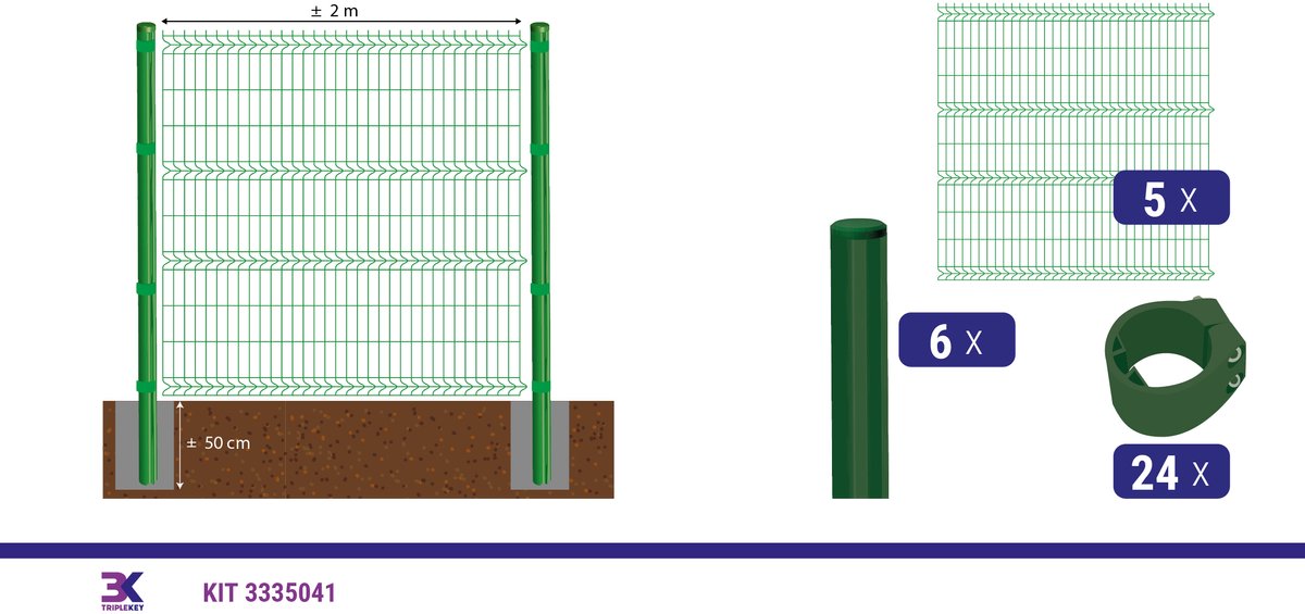 KIT 21 draadpaneel + palen en klemmen, lengte 10m, hoogte 203cm, kleur groen RAL 6005