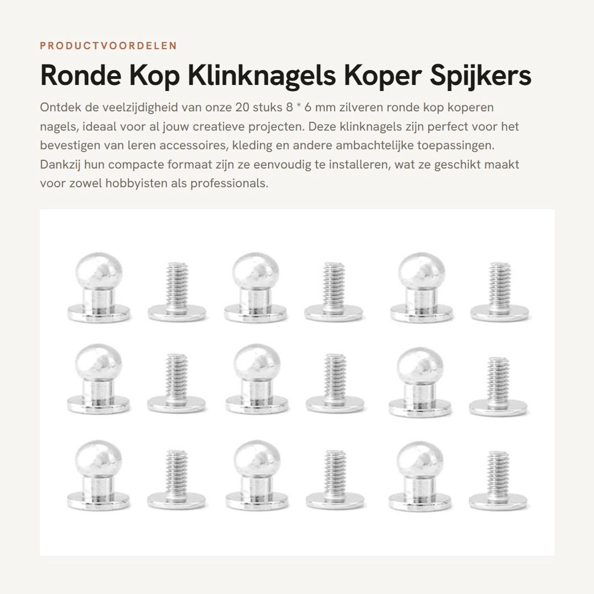 Solidchoice- Klinknagel 8*6mm - 20 Stuks - Ronde Kop - Koperen Spijkers - Decoratie Accessoires - Fijn Vakmanschap - Studs