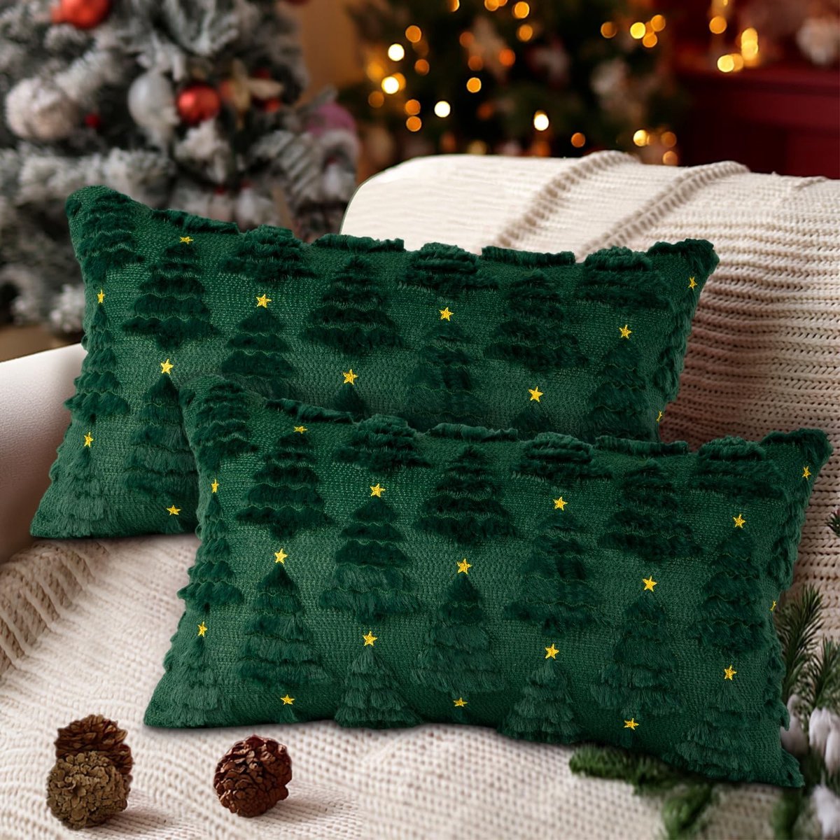 Solidchoice- Kerstkussenslopen 30 x 50 cm - Set van 2 - Pluche Kussenslopen - Kerstboom/Ster Patroon - Zacht - Decoratief voor Woonkamer/Slaapkamer - Kussensloop