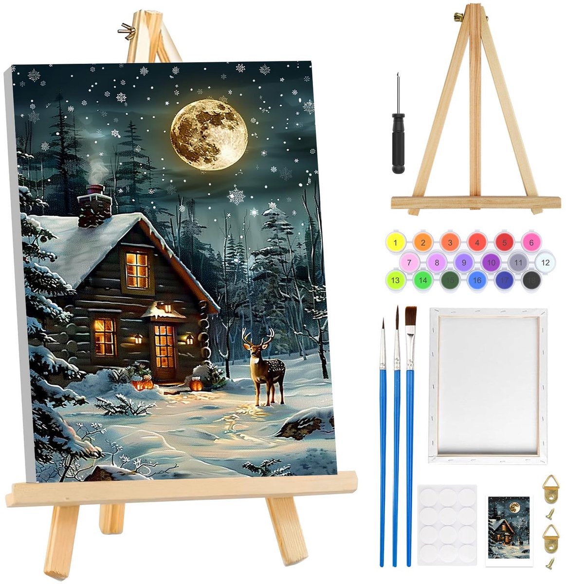 Solidchoice- Schilderen op Nummer - Herten - 20 x 30 cm - DIY Kunstset - Inclusief Lijst/Ezel - Voor Volwassenen/Beginners - Perfecte Wanddecoratie - Doe-het-zelf Schilderij