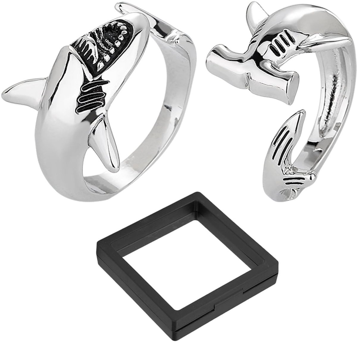 Dailygoods- Haaienring Verstelbaar - Set van 2 - Zinklegering - Sieradendoos - Sieradenaccessoires - Cadeau voor Mannen/Vrouwen - Sieradenring