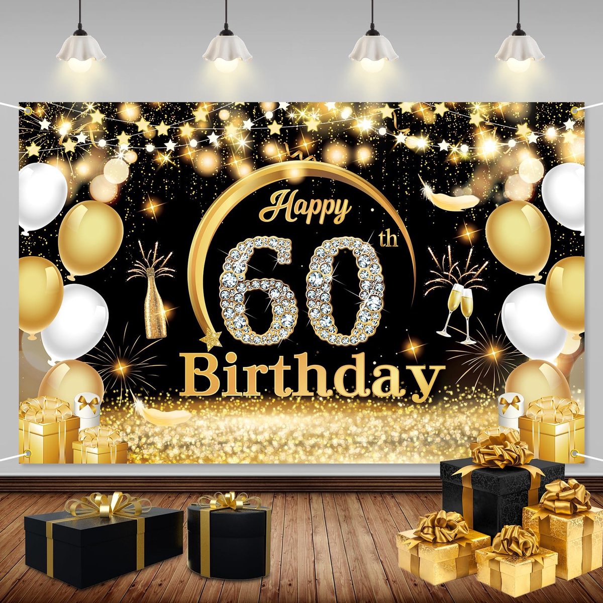 Dailygoods - Verjaardagsfeestdecoraties voor 60e Verjaardag - Banner en Achtergrond in Zwart-Goud