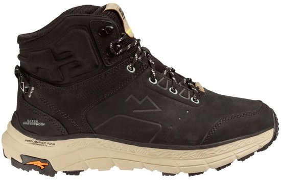 Chaussure de randonnée haute noire en cuir avec semelle beige, avec "SI-TEX WATERPROOF" sur le côté.