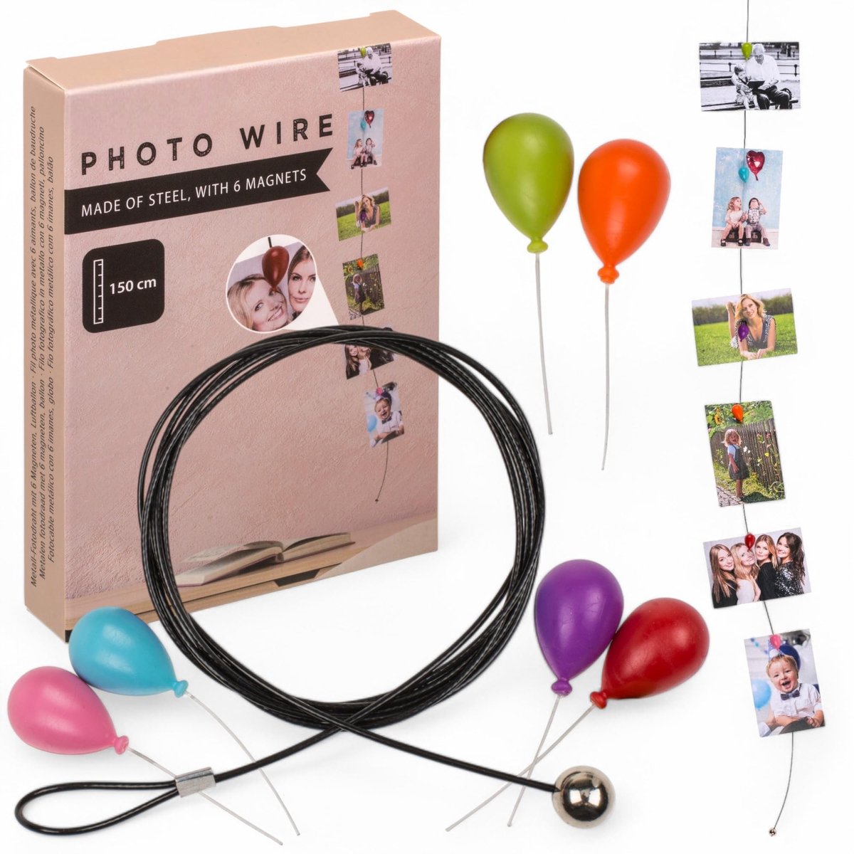 Dailygoods- Fotodraad 150 cm - Flexibel Staal - Fotokoord met Magneten - Eenvoudige Wandmontage - Creatieve Fotoophanging - Stijlvolle Presentatie - Foto Ophangsystemen